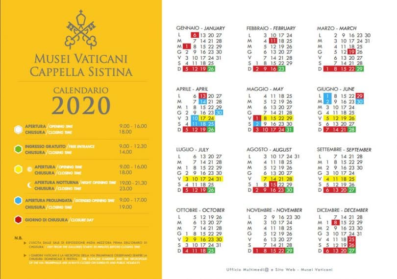 Vatikan Müzesi Ziyaret Takvimi - 2020 yılı planı
