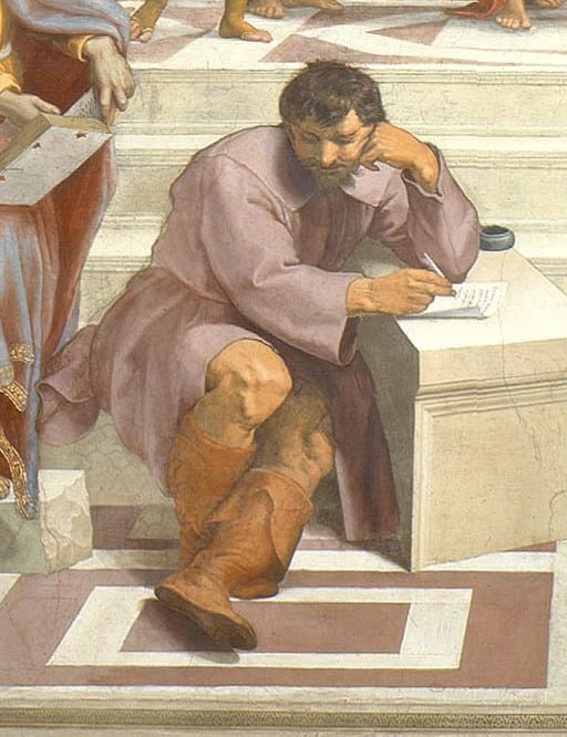 Raphael: Atina Okulu, Michelangelo'nun Herakleitos olarak portresini gösteren detay.